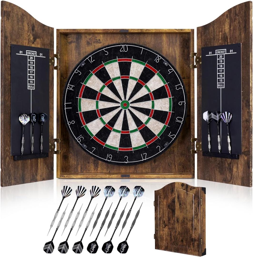 Sisal Dart Board Cabinet Sets, Decorative Dart Boards for Adults [12*Steel Darts] - Wooden Dartboard Cabinet with Integrated Scoreboard for Family Game Rooms