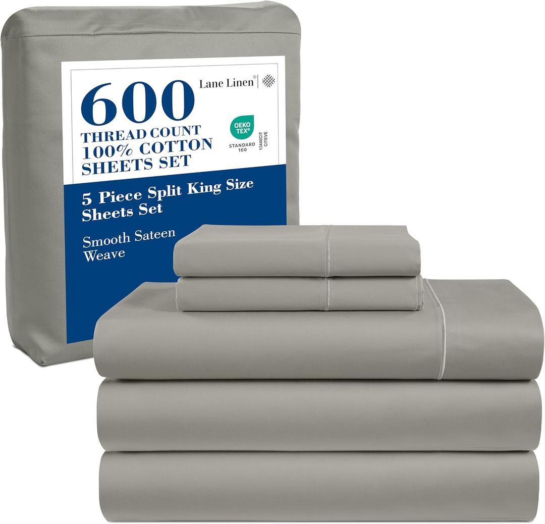 LANE LINEN Split King Sheets Sets for Adjustable Beds - 5 PCs, 600 TC Split King Sheets Set - Sateen Weave King Split Sheets for Adjustable Bed - Split Top King Sheets Set for Adjustable Bed - Silver