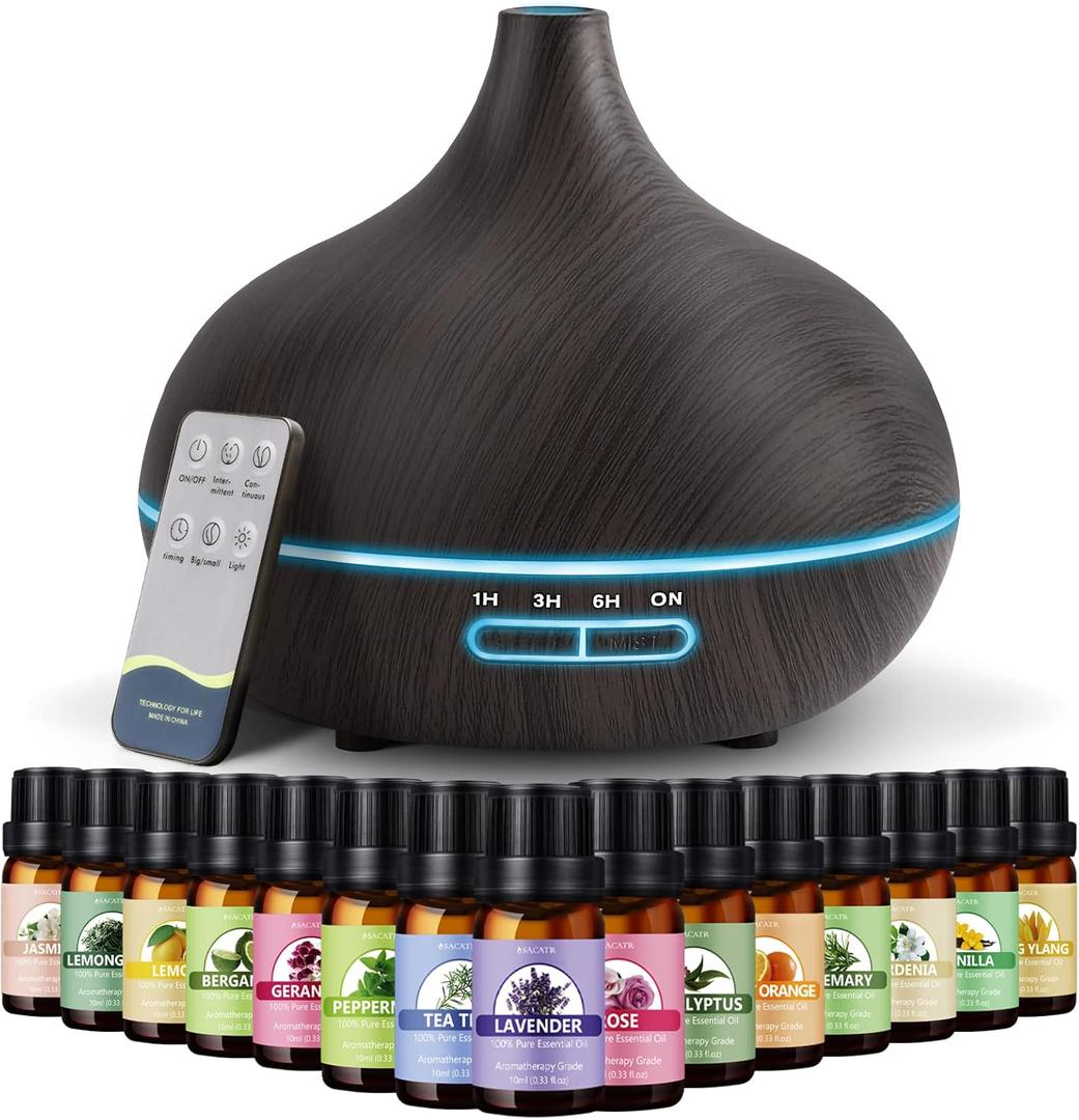SACATR 550ml Aromatherapy Diffuser with 15x10mL Essential Oils, Ultrasonic Technology, Remote Control for Home Office (Deep Colour-15.)