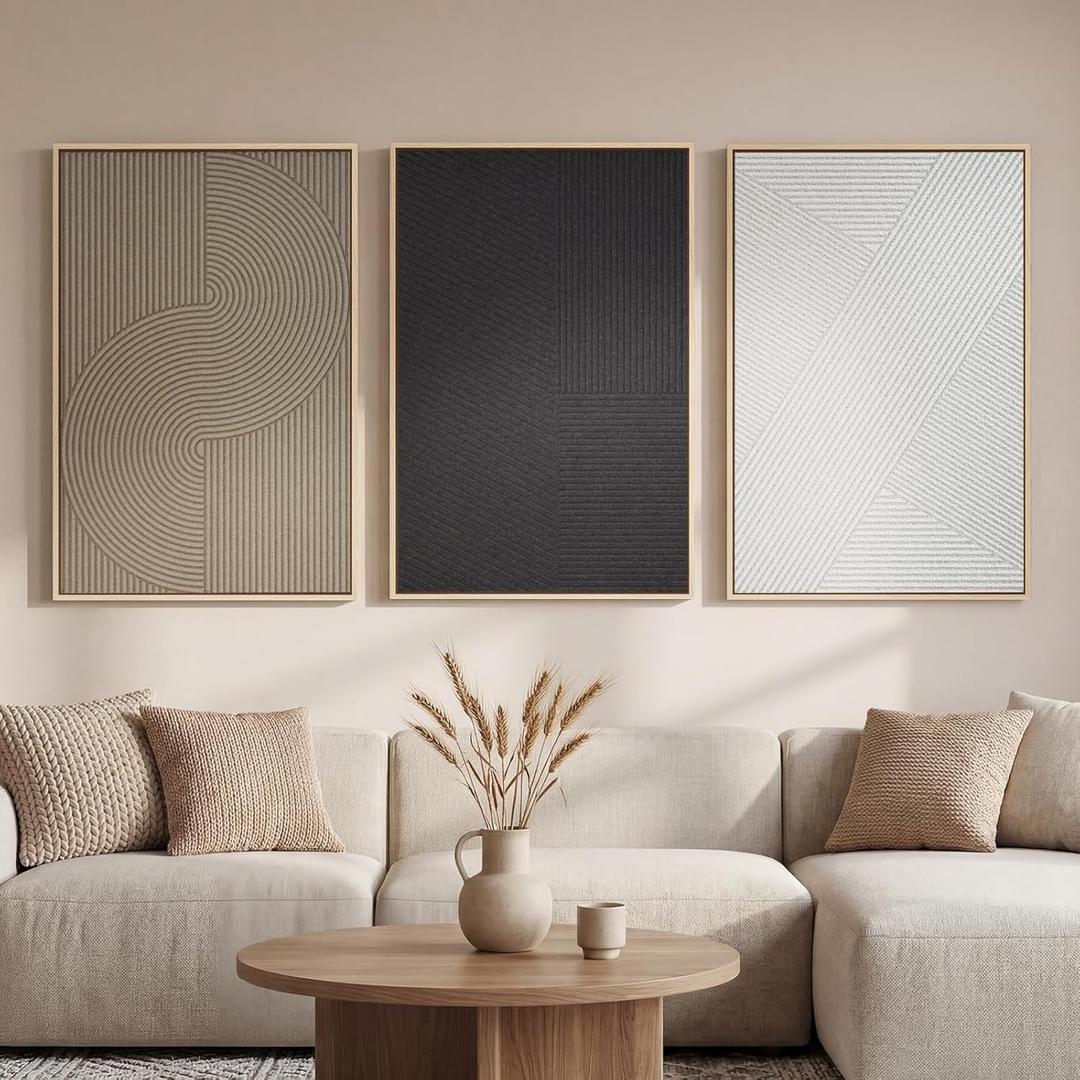 Carved Abstract Wall Art Triptych, Large Textured Relief Wall Panels with Deep Engraved Geometric Patterns, Black White Neutral Modern Wall Decor for Living Room, Solid Wood Framed Set 24x36 x3