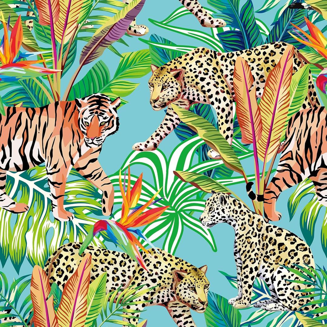 Tropical Wallpaper 24"x472" Jungle Peel and Stick Wallpaper Tiger Leopard Wallpaper Removable Self Adhesive Forest Mural Wall Paper Stick and Peel Wall Mural for Bathroom Living Room Decor