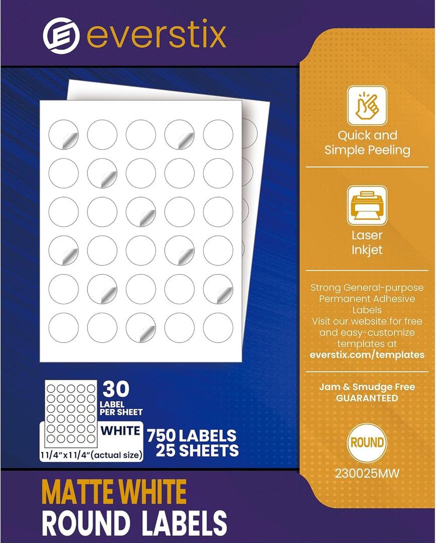 Printable Round Labels, 1.25" Diameter, 750 Matte White Stickers, 25 Sheets, for Laser and Inkjet Printers