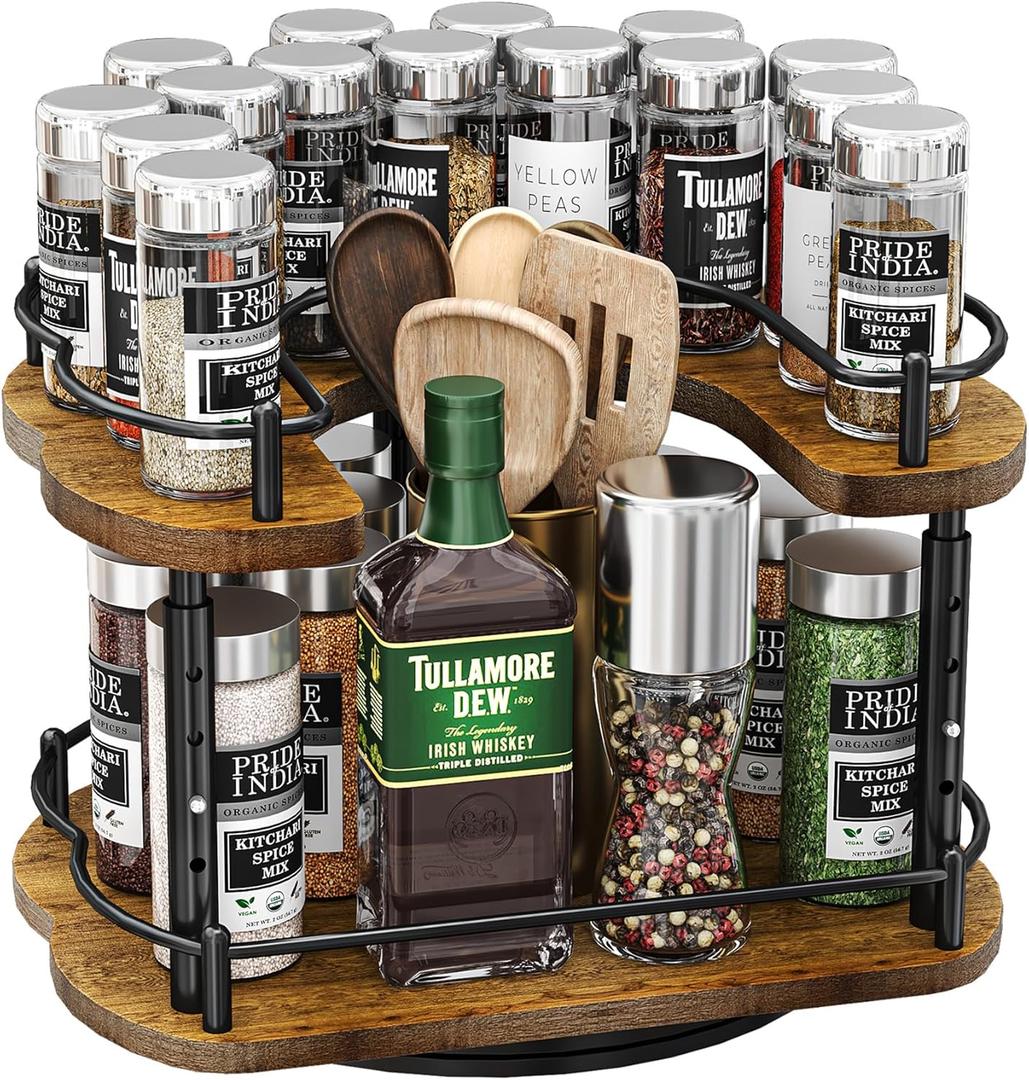Lazy Susan Organizer Spice Rack - Spice Organization for Cabinet Height Adjustable Rotating Lazy Turntable, Pantry Kitchen Wood Revolving Seasoning Organizer, 12 inches, Black