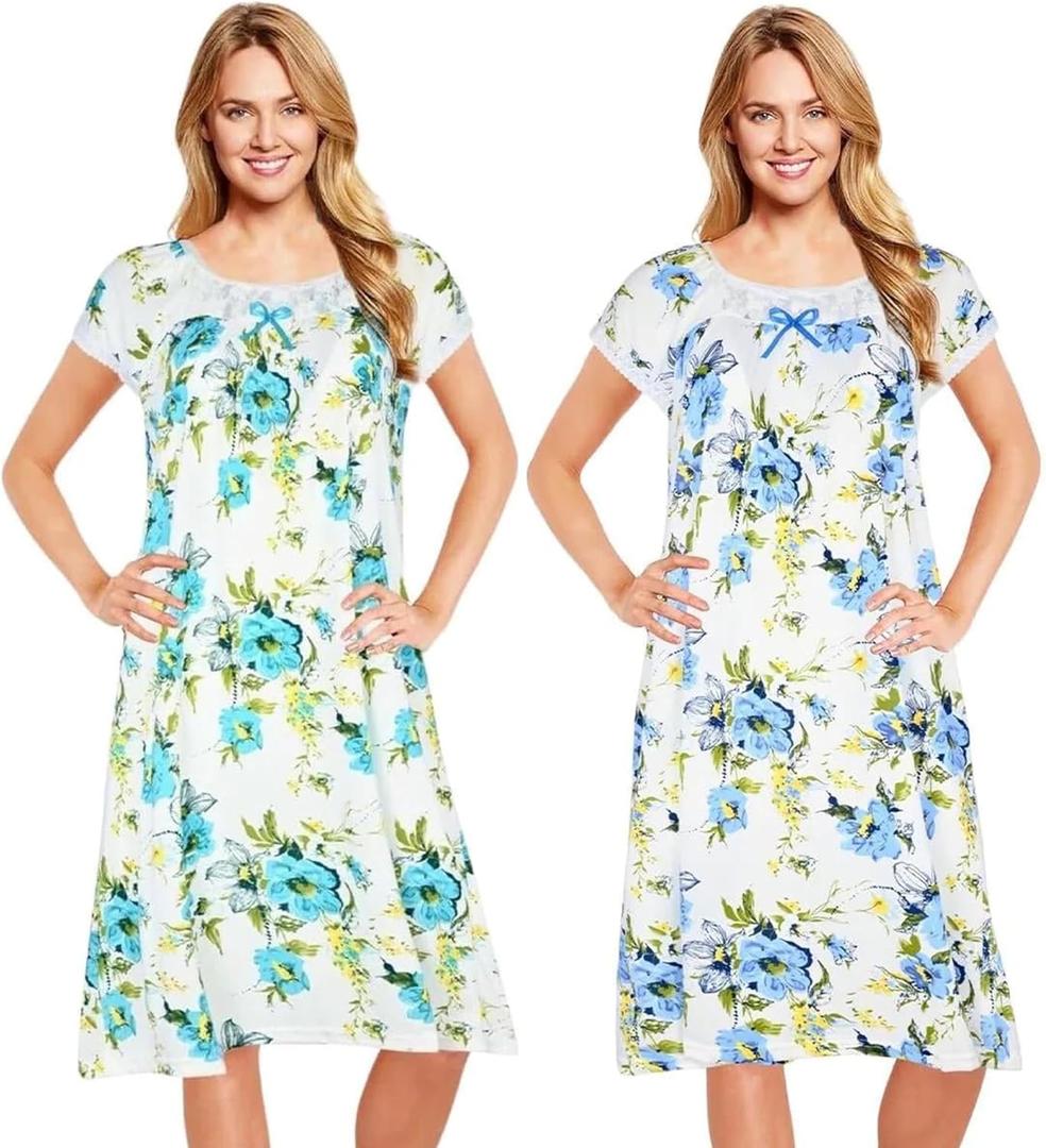 JEFFRICO 2 Pack Long Nightgowns for Women - Short Sleeve Soft Womens Nightgowns & Sleepshirts (Large, Blue Green Hibiscus)
