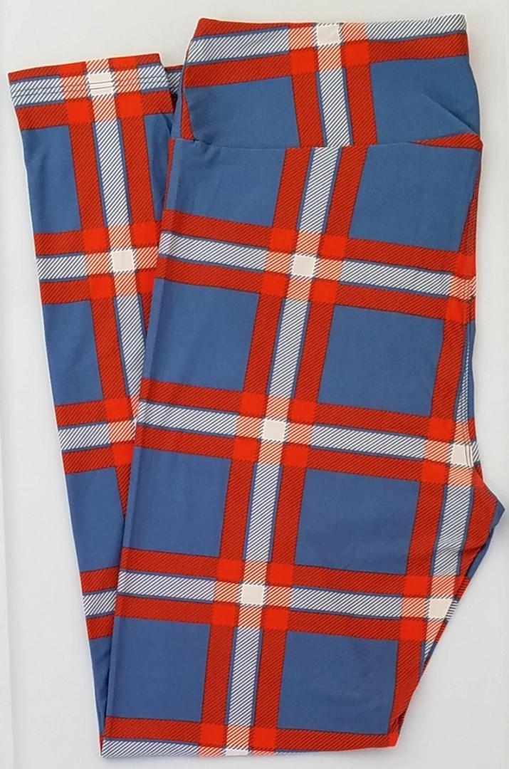 LuLaRoe One Size  TC Leggings Blue Red Plaid, Pack Of 2