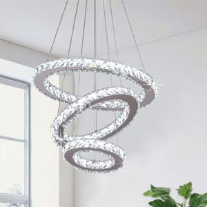 Modern Crystal Chandelier LED Chandeliers for Dining Room 3 Ring Chandelier Silver Round Pendant Lighting Adjustable Stainless Steel Ceiling Light Fixture for Living Room Bedroom Foyer Entryway