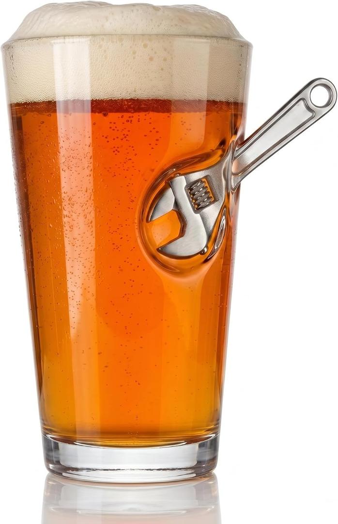 Handmade Wrench Pint Glass 16oz Beer Glass with Embedded Metal Wrench, Unique Mechanic Gift Beer Cup for Dad, Grandpa, Husband, Retirement, Birthday (EXP 09/15/26)