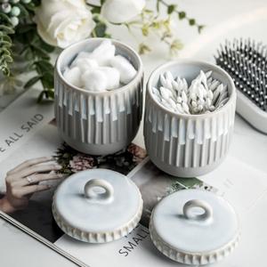 Qtip Holder Dispenser Bathroom Canisters Jar with Lid - 14 oz Ceramic Apothecary Canister for Cotton Ball Swabs Round Pads Floss Bath Salts Candy Vanity Makeup Organizer Storage (Gray - 1 pack)