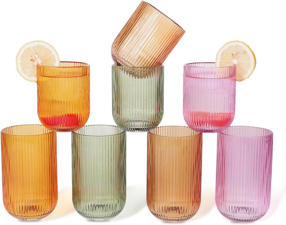 Set of 8 Dopamine-colored-match Ribbed Glassware,4 Highball Glasses 14oz & 4 Rocks Drinking Glasses 9oz, Origami Style, Fluted Design, for Daily use, Water, Cocktail, Whiskey, Kitchen, Gift