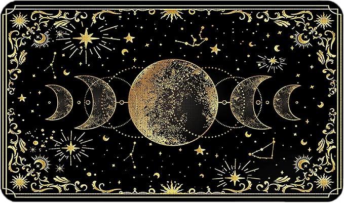 Mystical Gold Boho Triple Moon Door Mat, Witchy Celestial Sun and Moon Astrology Doormats for Front Door Outdoor Indoor Entrance Entryway, Witch Stars Aesthetic Area Rug Bath Mats, 17x30 Inch