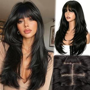 Long Black Wavy Wig with Bangs for Women,4x4 Realistic Scalp,Free Parting 26 Inch Natural Looking Layered Hairstyle Synthetic Heat Resistant for Daily Party Use