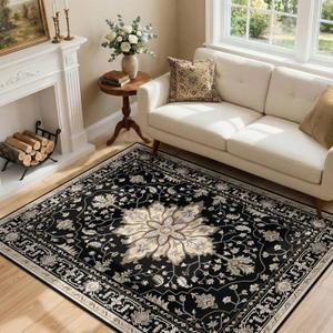 RELEANY Area Rugs 4'x6' Washable Non-Slip, Floral Vintage Distress Print Pattern Medallion Carpet for Living Room Bedroom Dining Room, Black Brown Neutral Dark Tan
