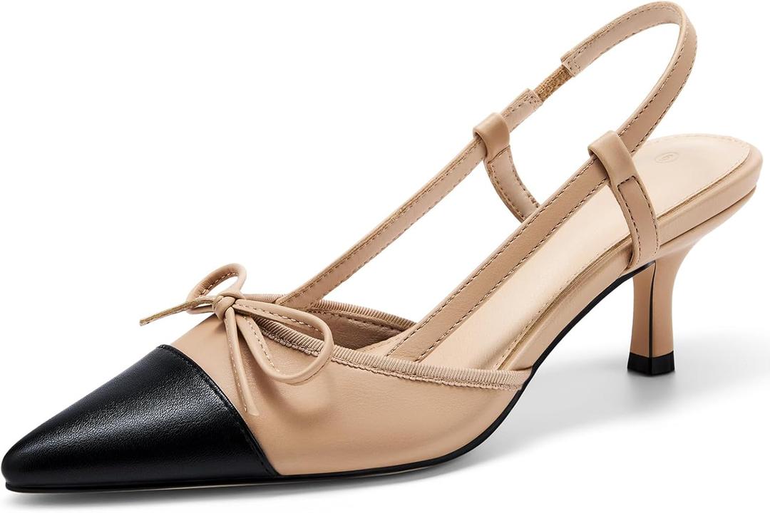 Coutgo Womens Bow Tie Slingback Pumps Pointed Toe Kitten Low Heel Patchwork Dress Heeled Sandals (8, Khaki)