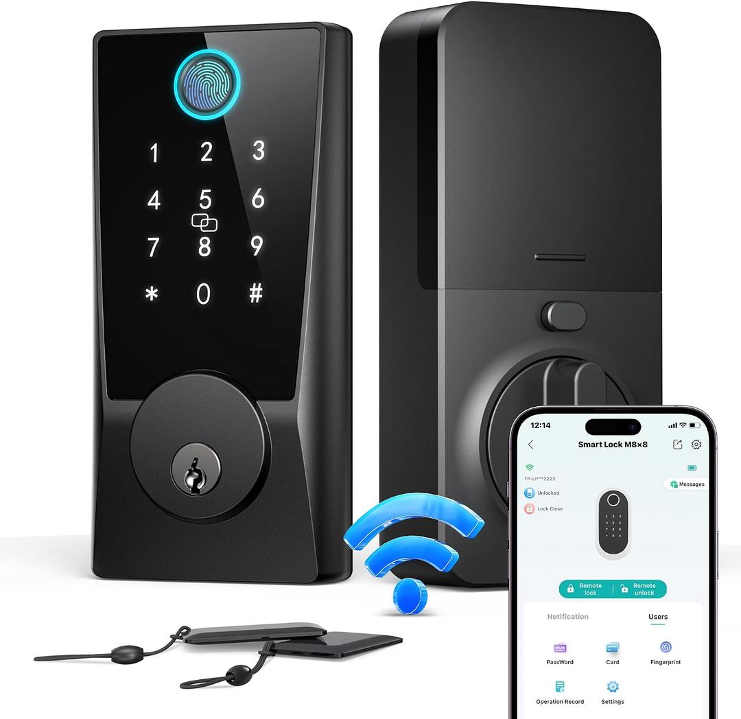 WiFi Smart Locks for Front Door: Keyless Entry WiFi Keypad Deadbolt Lock, Compatible with Alexa, Remote Control, Fingerprint Password Unlock, Auto Lock, Built-in Wi-Fi (2.4Ghz)