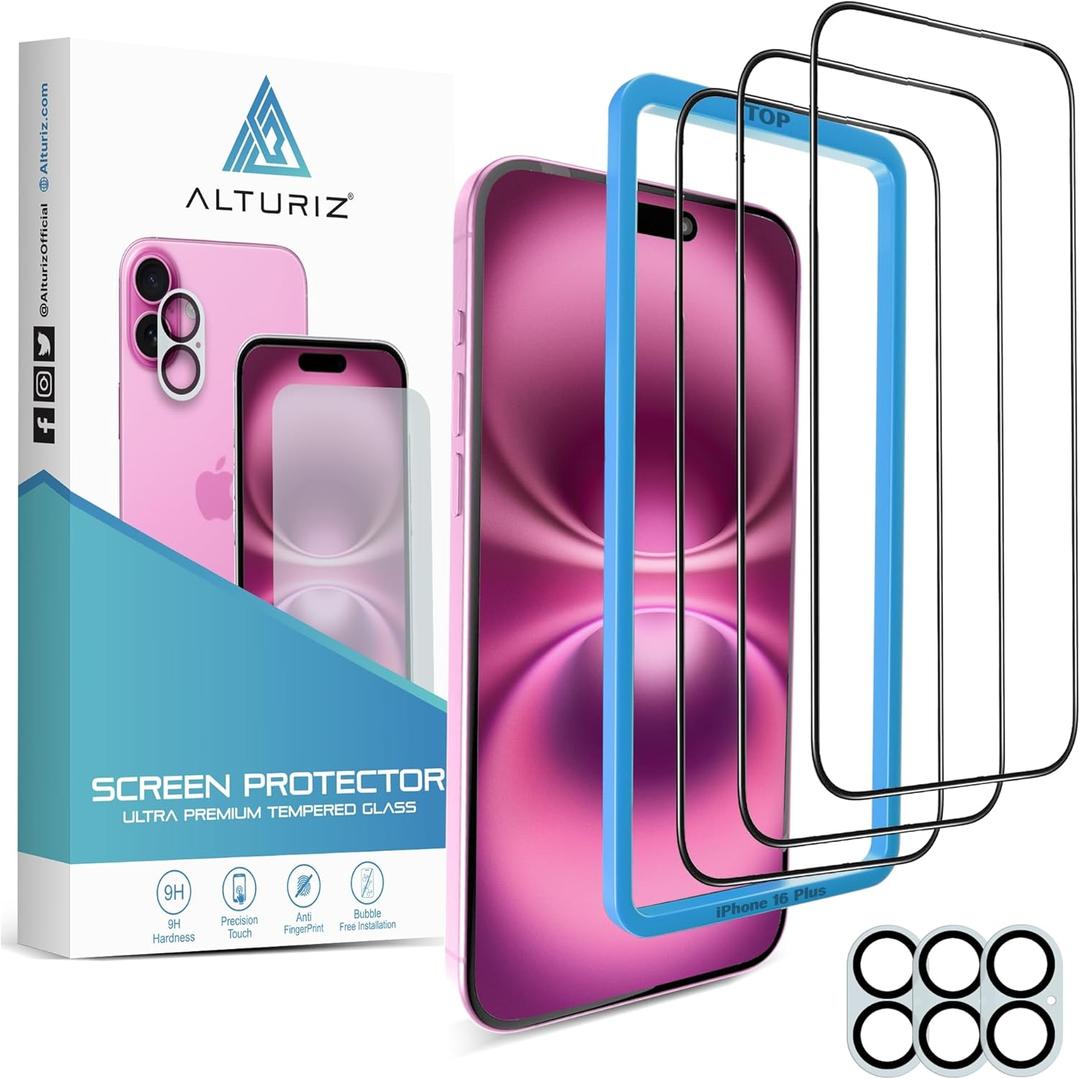 ALTURIZ 3-Pack Screen Protector for iPhone 16 Plus [6.7 inch] + 3-Pack Camera Lens Protector with Easy Installation Frame [9H Hardness][Shatterproof Tempered Glass][Bubble-Free][3+3 Pack]