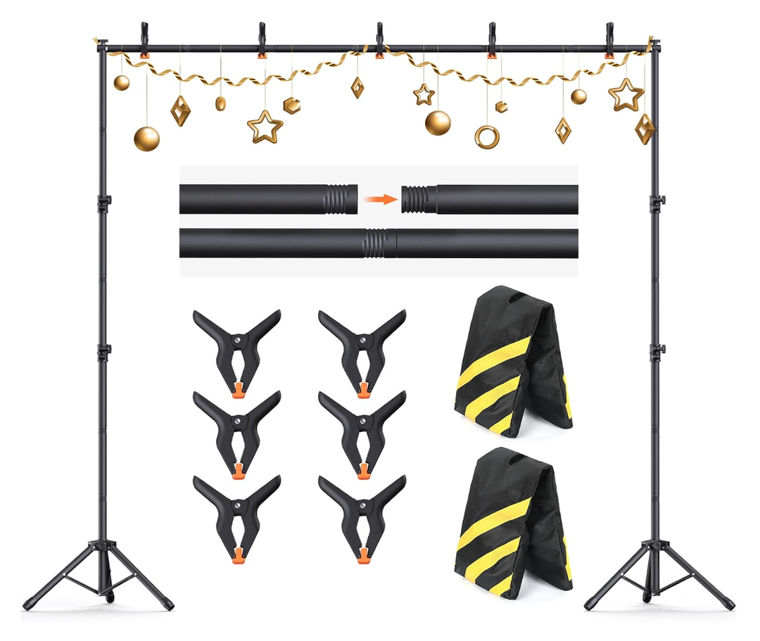 Backdrop Stand 10 x 8 FT for Photography Studio, Telescopic Adjustable Background Stand for Parties, Photoshoot Backdrop Stand with Spring Clamps, Sandbags, Carry Bag
