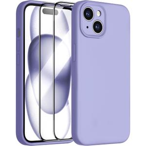 Dssairo Compatible with iPhone 15 Case,Upgrade Liquid Silicone,with 2 Screen Protector[Enhanced Camera Protection][Scratch-Resistant Soft Microfiber Lining] Slim Cover Phone Cases (Light Purple)