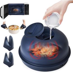 Foldable Silicone Microwave Splatter Cover with Water Steamer, 10" Microwave Food Splash Dish Cover Lid For Food with Water Storage Box, 2 Insulated Gloves as Gift