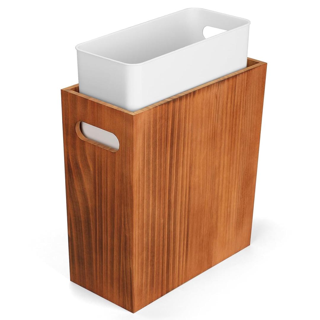 3 Gallon Wood Trash Can, Solid Wooden Trash Can with Plastic Liner, Handmade Slim Small Trash Can with Handle Fits Narrow Spaces, Decorative Wastebasket for Bathroom, Bedroom, Office, Kitchen