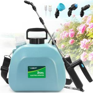 Battery Powered Sprayer 2 Gallon, Upgrade Powerful Electric Garden Sprayer with 3 Mist Nozzles, Rechargeable Handle, Retractable Wand, Adjustable Shoulder Strap for Lawn,Garden,Cleaning (Blue)