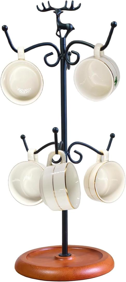 Coffee Mug Tree Holder Countertop,Double Tier Elk Deer Metal Mug Holders for Counter Top,Coffee Mug Tea Cup Storage Stand Rack Tree for Counter 6Hooks (Black)
