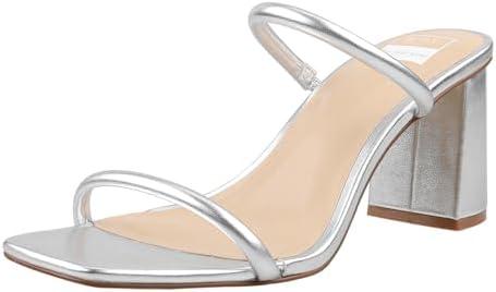 BCTEX COLL Women's High Heeled Sandals Two Strap Square Toe Slip on Comfortable Chunky Strappy Heels for Women, Silver, Size 6.5