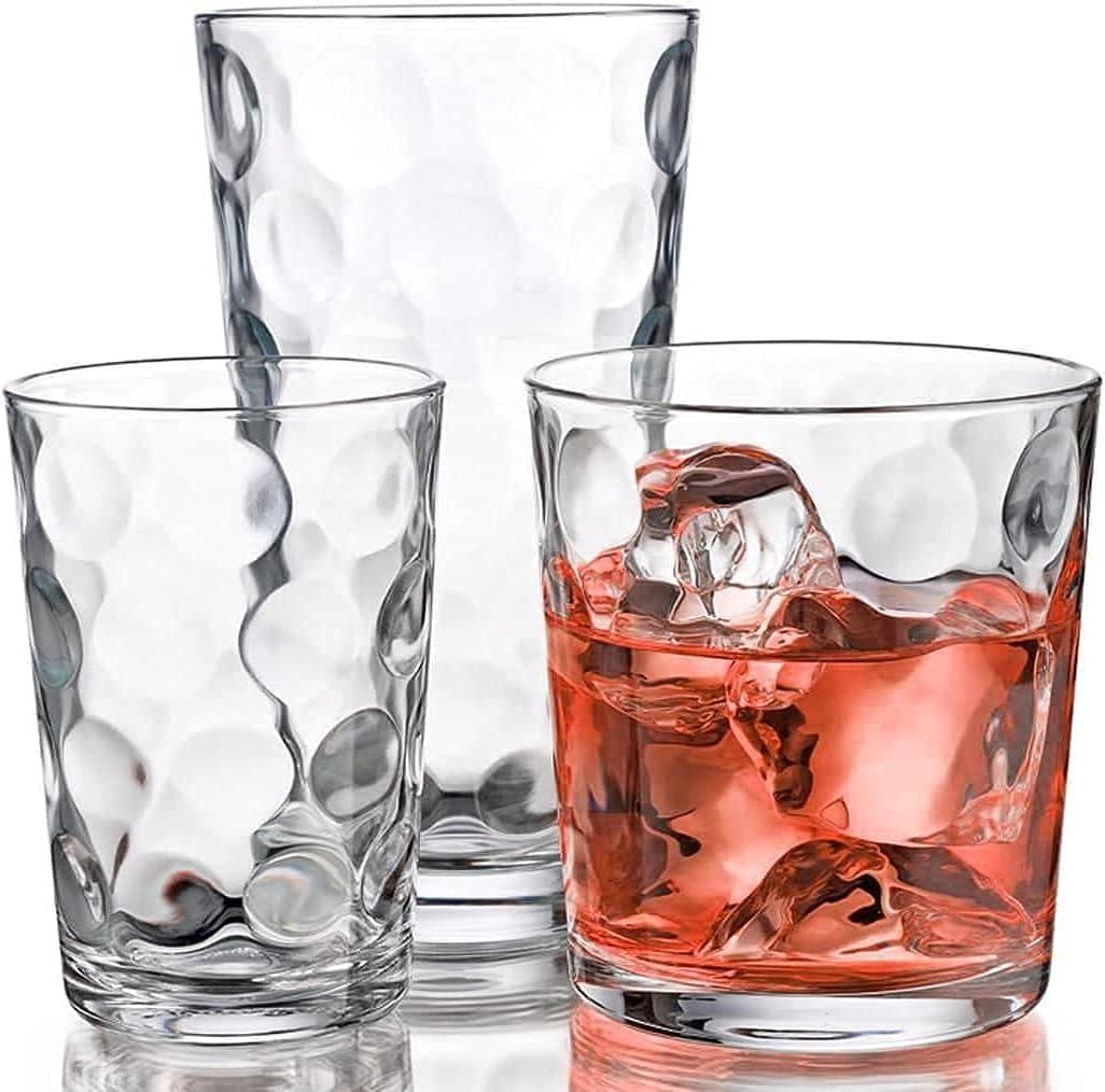 Home Essentials & Beyond Glassware Set 18 Piece Mixed Drinkware Set. 6 Highball Tumblers-17 oz., 6 Rock Whiskey-13 oz., and 6 Juice-7 oz. All Size Glass Cups Drinking Glasses