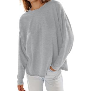 Yousify Womens Long Sleeve Oversized Tshirts Cotton Crewneck Casual Tunic Tops Trendy Loose Fit Basic Tees (Small, Light Grey)