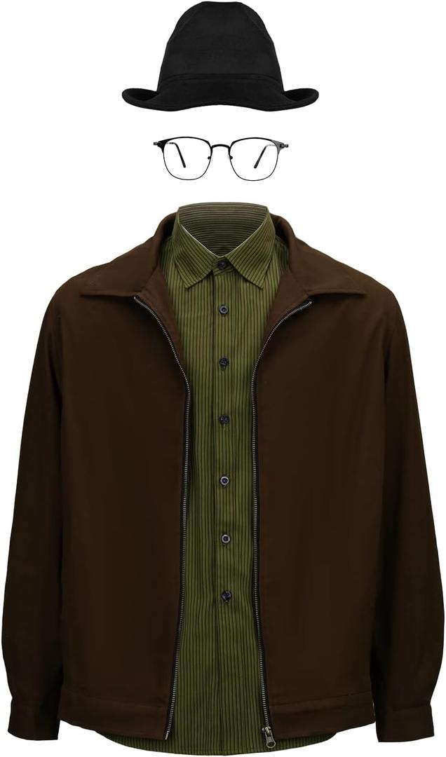 Mens Walter White Jacket Shirt Costume Heisenberg Coat Hat Glasses Windbreak Outfit Halloween Cosplay Suit (Small)