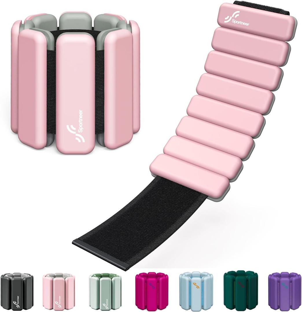Sportneer Wrist & Ankle Weights for Women Men - 1 Pair (1 lb/ 2 lb Each) | Adjustable Weighted Bracelet Silicone Bangles for Yoga, Dance, Pilates, Cardio, Aerobics, Gym, Pool Exercises and Jogging (Pink Peony, 2 LBS x 2)