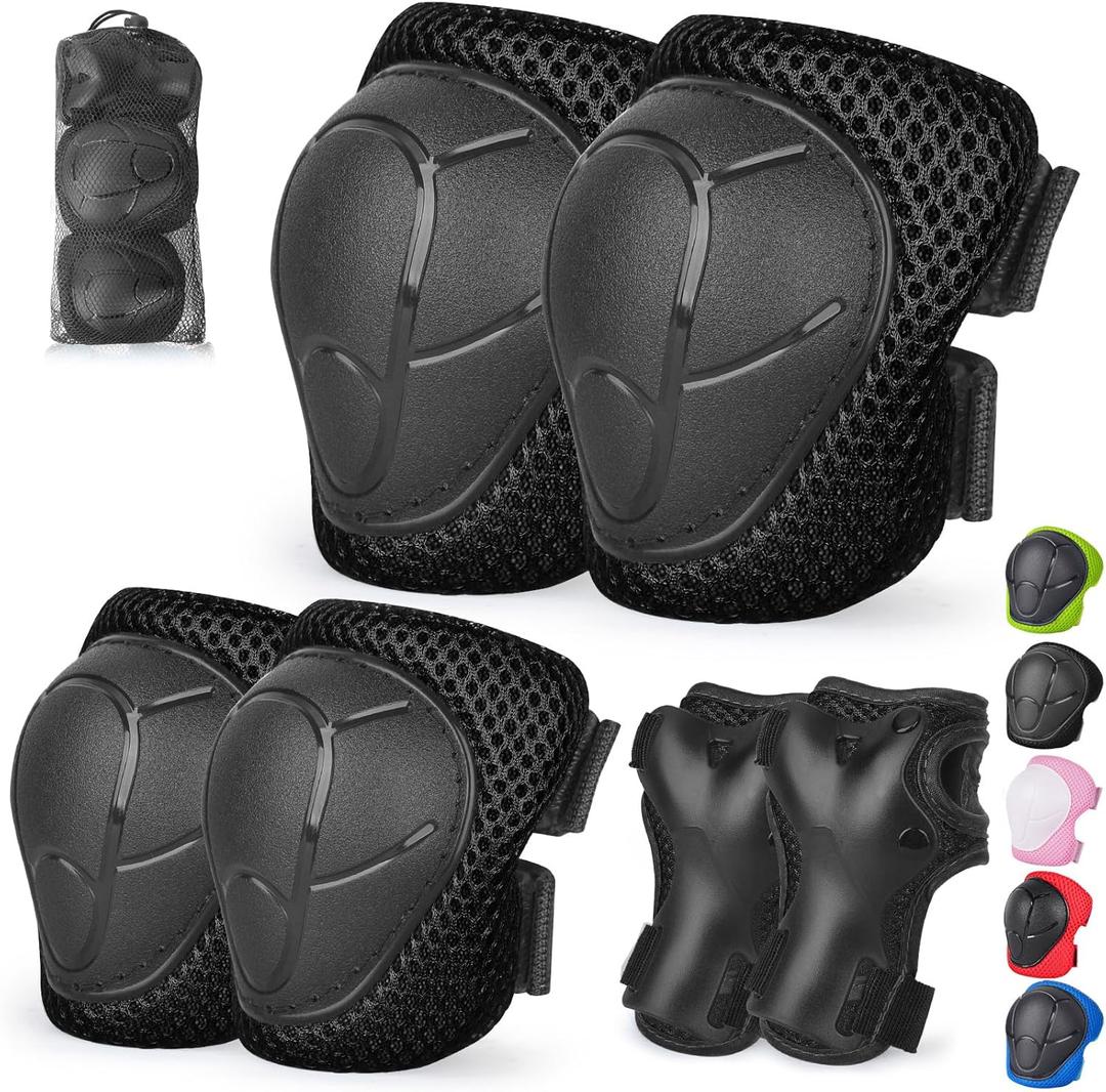 Kids/Youth Knee Pads and Elbow Pads Set with Wrist Guard 3 in 1 Kids Protective Gear Set for 3-14 Years for Skateboarding, Skiing, Cycling, BMX Biking, Running, Scooter (Black)