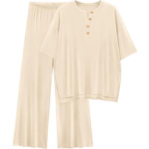 PRETTYGARDEN 2 Piece Lounge Sets for Women Summer 2025 Short Sleeve Tops Wide Leg Pants Matching Travel Outfits Clothing (Beige,X-Small) (XS)