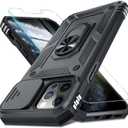 Janmitta Case for iPhone 14 & iPhone 13 Phone Cover Built in Slide Camera Lens Cover+Screen Protector,Heavy Duty Shockproof Full Body PhoneCase with Finger Ring Holder Kickstand,Black