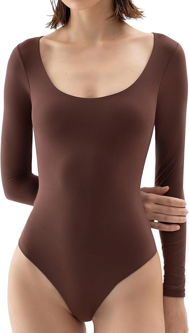 PUMIEY Women's Scoop Neck Long Sleeve Bodysuit Body-hugging Sexy Tops Smoke Cloud Collection, XL