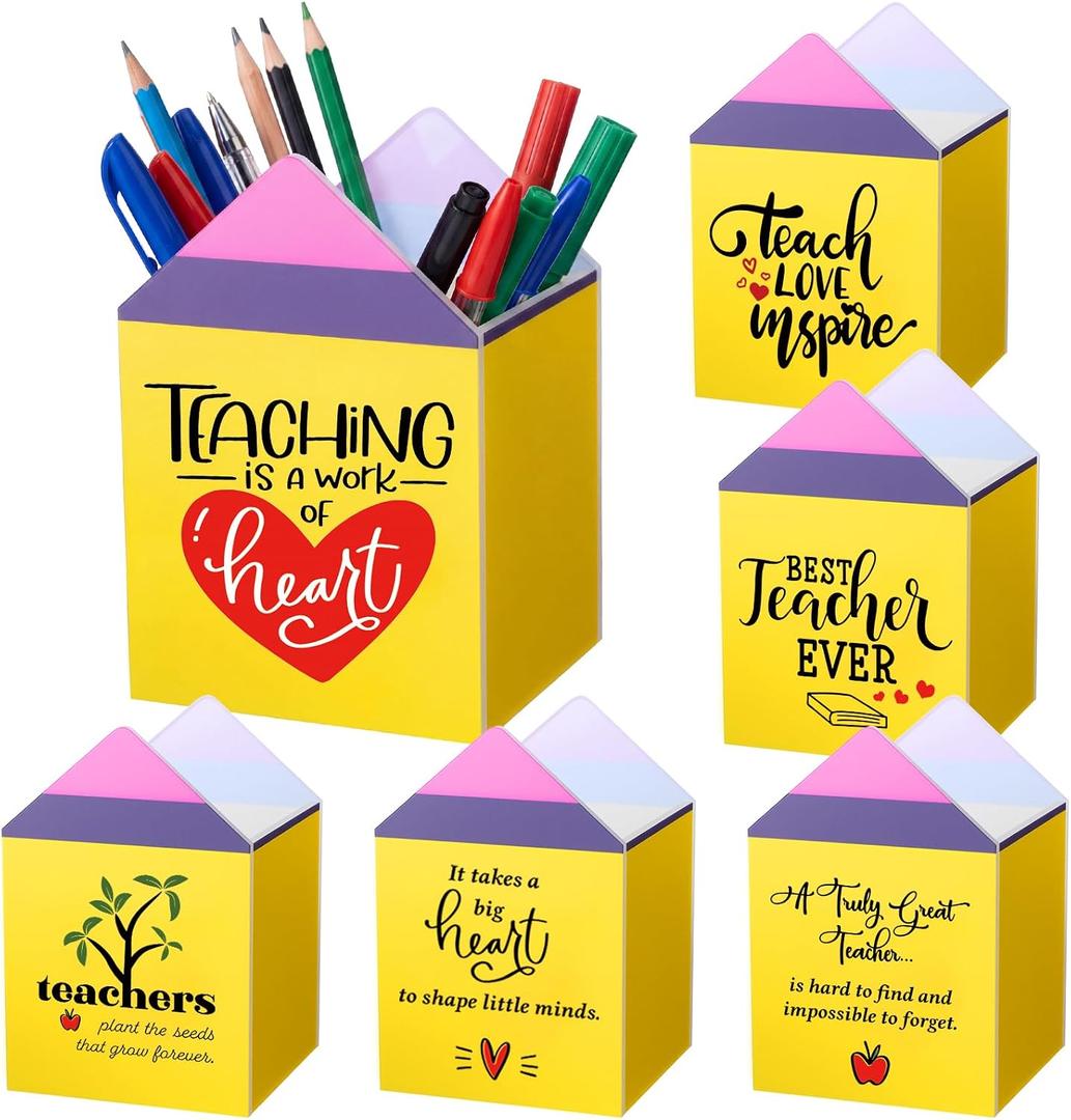 Sherr 6 Pcs Back to School Teacher Gifts Inspirational Acrylic Pen Holders, Pencil Shaped Pencil Cups for First Day of School Teachers Office Classroom Organization