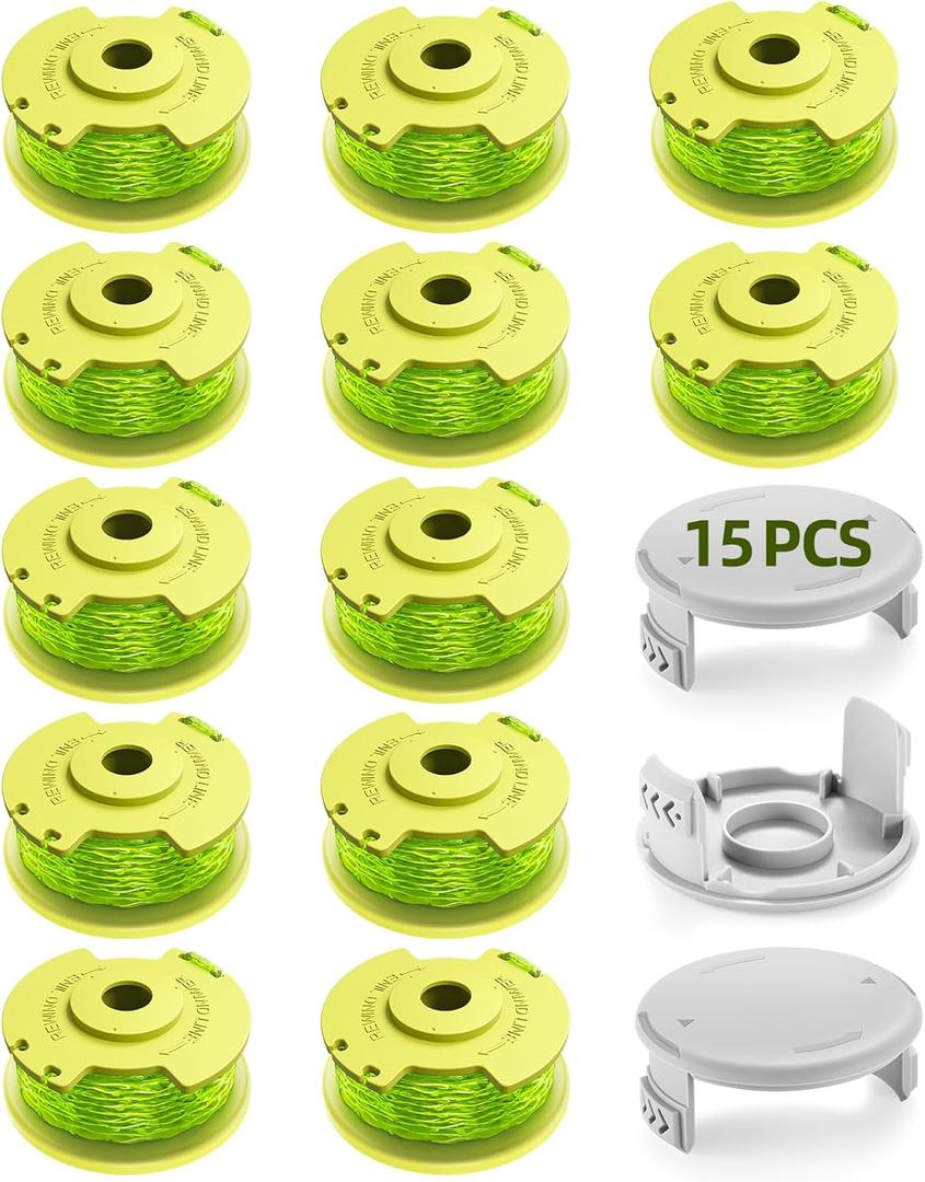 String Trimmer Refill for Ryobi One Plus+ AC80RL3,11 FT/0.080-Inch Weed Eater String Compatible with Ryobi Weed Wacker 18v, 24v, and 40v Trimmers (12 Trimmer Line & 3 Trimmer Cap)
