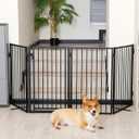 Metal Freestanding Dog Gates with Door for Outdoor Indoor,80'' Extra Wide 32'' Tall Free Standing Dog Gate for Doorways,Large Openings,Deck,Yard,Foldable Safety Pet Fence(Black,4 Panels)
