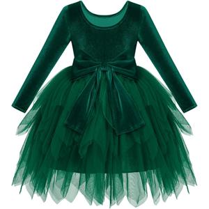 IDOPIP Toddler Baby Girls Velvet Tutu Dress Bowknot Ruffle Tulle Princess Christmas Birthday Party Dress Fall Winter Clothes (12-18 Months, Green)