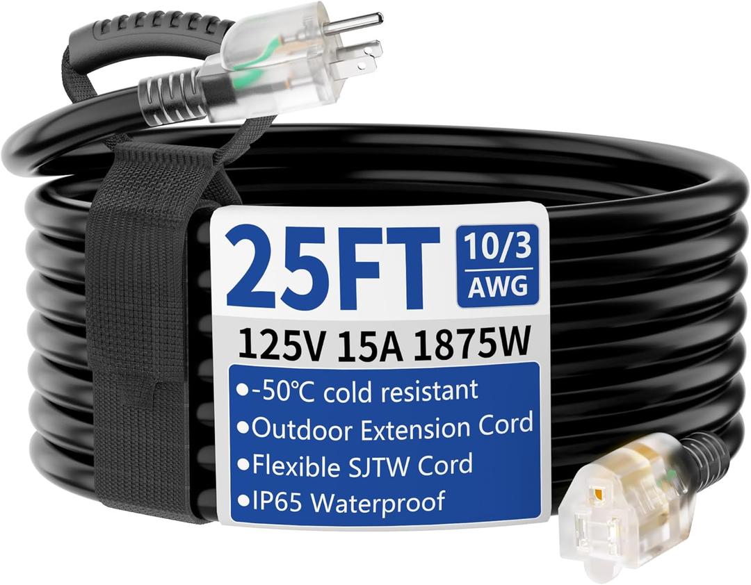25ft Outdoor/Indoor Extension Cord with Lighted 10/3 Gauge Ultra 3 Prong Heavy Duty SJTW, Waterproof, Flexible Cold-Resistant,15A 125V 1875W, Black