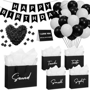 Soulchen 5 Senses Gift Bags for Him Her with Labels, Five Senses Gift Birthday Party Decoration Tissue Paper Handles, Comes with Rose Petals Banner Balloons for Party(Birthday,Black White)