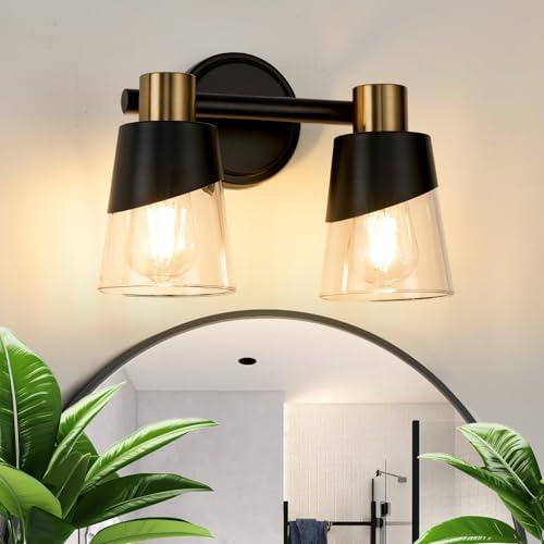 AMRUIPO Bathroom Vanity Light Modern Black Bathroom Light Fixture Over Mirror with Glass Lampshade for Kitchen Hallway 2 Lights