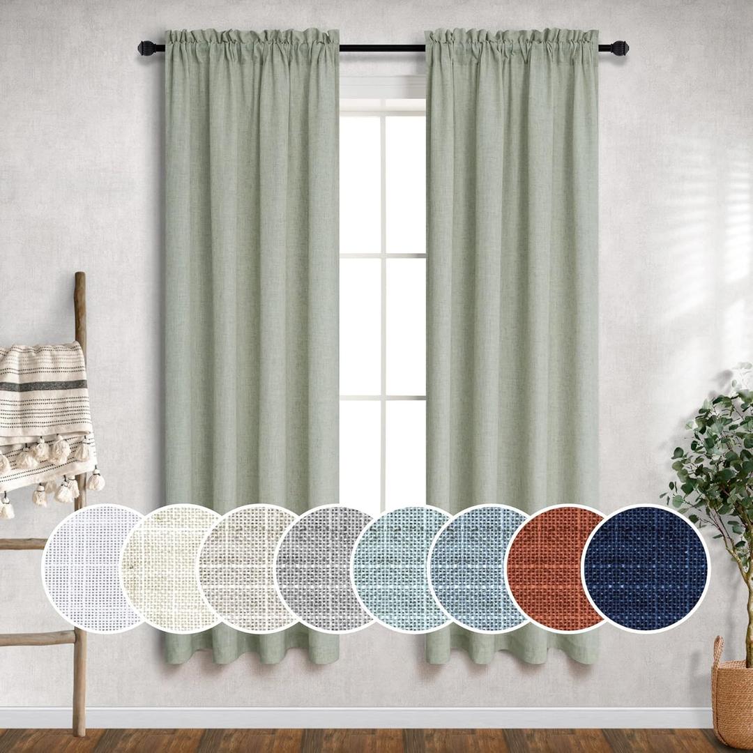 Sage Green Curtains 38 Inch Wide for Kitchen 2 Panel Sets Rod Pocket Semi Sheer Neutral Linen Light Green Curtains for Small Side Windows Bathroom Laundry Room Front Doors Narrow Skinny 38x63 Length