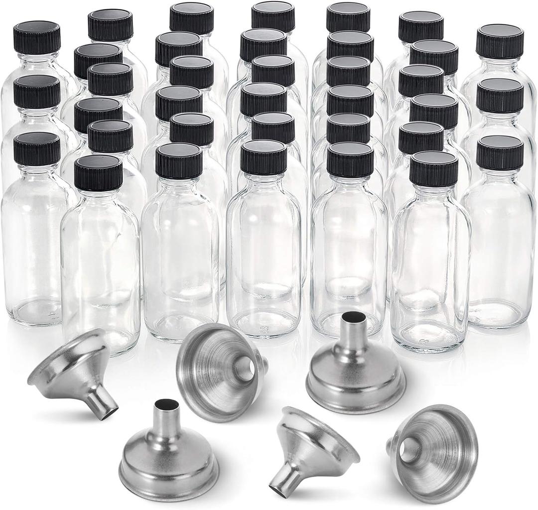 36 Pack, 2 oz Small Clear Glass Bottles w/ Lid & 6 Stainless Steel Funnels - 60ml Boston Sample Bottles - Mini Travel Essential or Decorative Bottles for Potion, Juice, Wellness, Ginger Shots, Whiskey