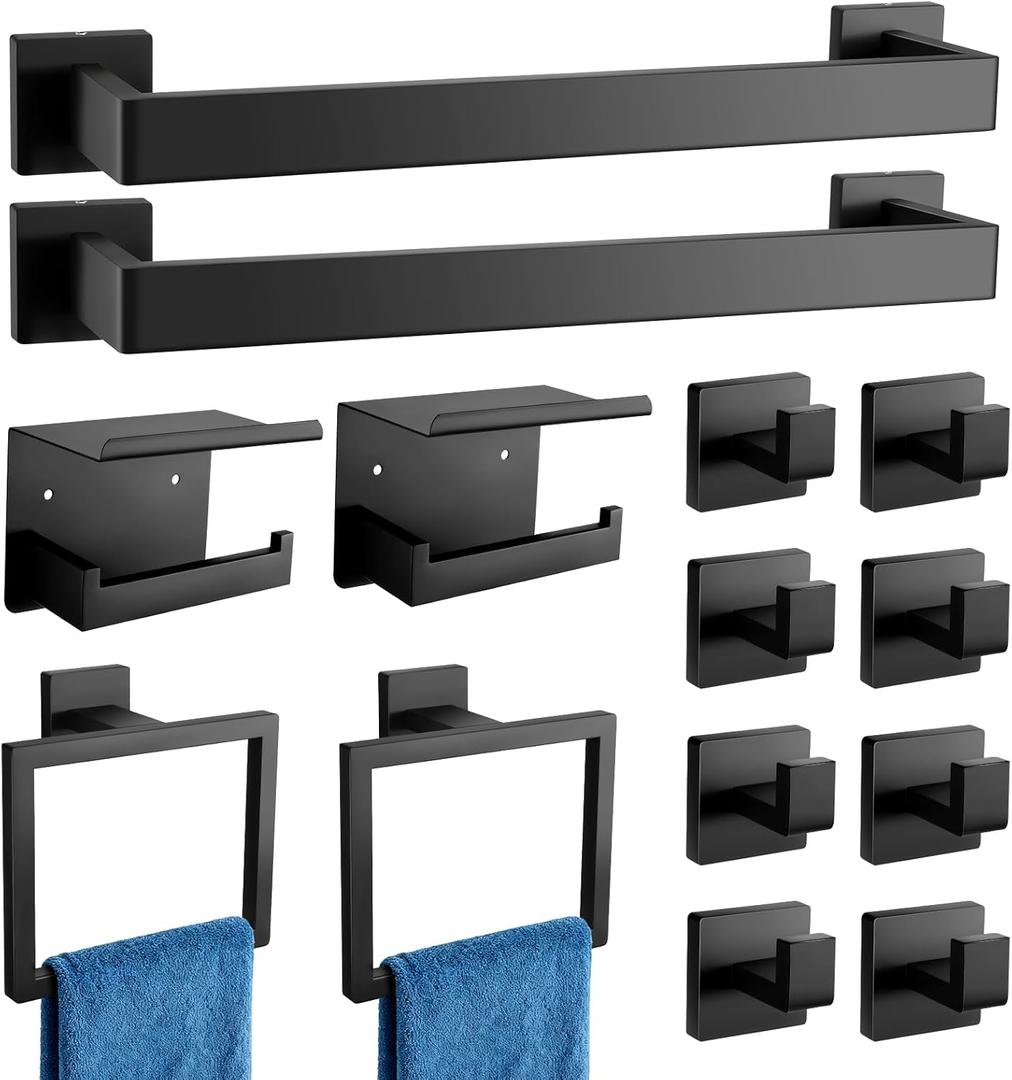 14-Piece Matte Black Bathroom Accessories Set, Stainless Steel Bathroom Hardware Set, Bathroom Wall-Mounted Towel Rack, Bath Towel Bar Set