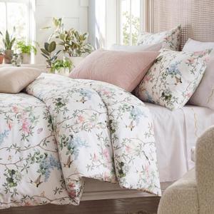 Bedorm Floral Duvet Cover Queen Size - 3 Pieces Soft & Breathable 100% Cotton Duvet Cover Set with Zipper Closure, Pink Floral Green Botanical Print Cottage Core Bedding Set for Everyday Use