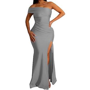 Women's Sexy Off Shoulder Bodycon Maxi Dresses Elegant High Split Club Party Long Dress, Size L