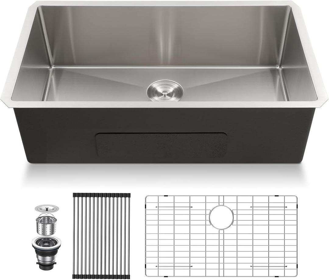 Lordear 33 Undermount Kitchen Sink 33x19x10 Inch Stainless Steel Single Bowl Kitchen Sinks Round Corner 16 Gauge Handmade Under Counter Sinks Basin