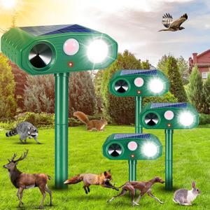 4 Pack Solar Animal Repellent Ultrasonic Outdoor Deer Repellent Devices Cat Deterrent with Motion Sensor Animal Repeller to Raccoon Squirrel Rabbit Dog Skunk with lP66 Waterproof for Yard Lawn