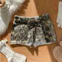 Camo Shorts Women Knit Drawstring Waist Skinny Y2k Booty Mini Shorts Micro Bottoms Streetwear (M)