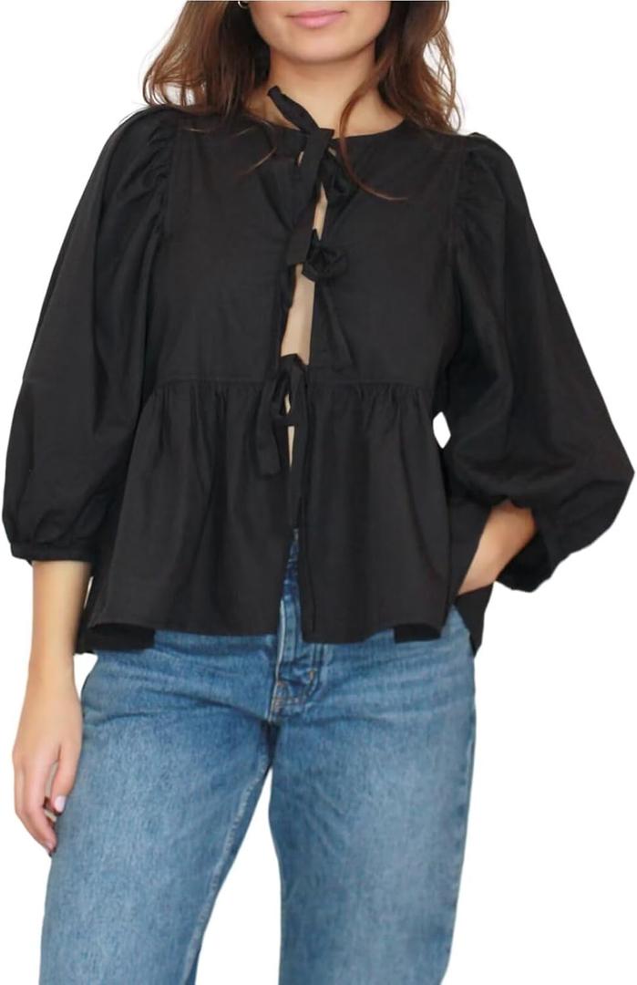 Women Y2K Peplum Shirt Bow Blouse Tie Up Front Puff Short Sleeve Ruffle Babydoll Top (S)